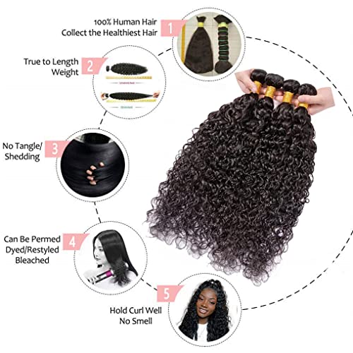 Water Wave 4 Bundles Human Hair 18 20 22 24 Inch, 10A Brazilian Curly Human Hair Bundles, Double Weft Deep Wave Bundles, Natural Black Color Wet and Wavy Hair Extensions