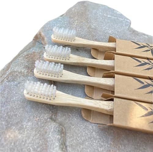 Natural Bristle Toothbrush [4-Pack], Ultra Soft Castor Bean Bristles, 100% Biodegradable, Plant Based Bristles and Bamboo Handle