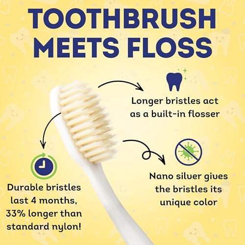 MOUTHWATCHERS Soft Childrens Flossing Manual Toothbrush, Value Pack of 4, Yellow and Pink, Toothbrushes for Kids & Teens, Ultra Clean, by Dr. Plotka's
