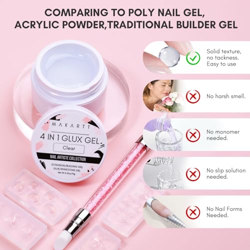 Makartt Solid Gel Builder Mini Kit for 3D Gel Nail Art - 15ML 4 in 1 Nail Extension Gel, 4pcs Silicone Molds, 1 Sculpting Brush, UV Glue for Acrylic Nails Rhinestones Gel Molding Manicure Hard Gel Kit