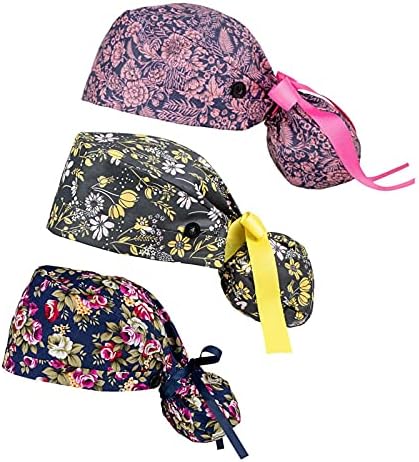 Surgery Cap Bouffant Caps Working Cap with Buttons and Ribbon Tie for Women, Long Hair
