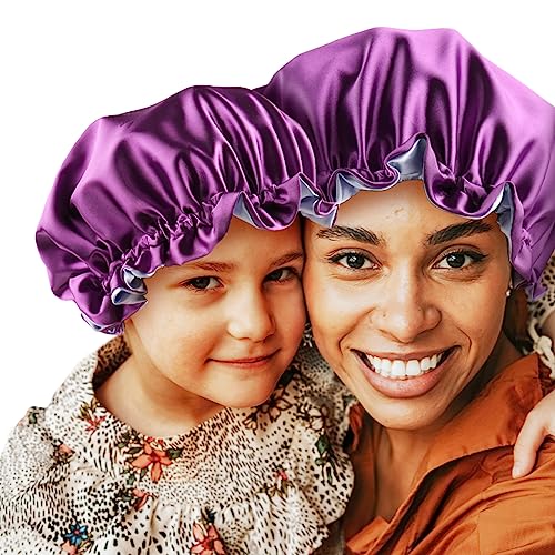 Mommy and Me Bonnet Set Satin Bonnet Sleep Cap, Adjustable Hair Bonnet for Women and Baby, Kids, Toddler (0-3 Years Old) Curly Hair Cap Double Layer (Purple/Blue)