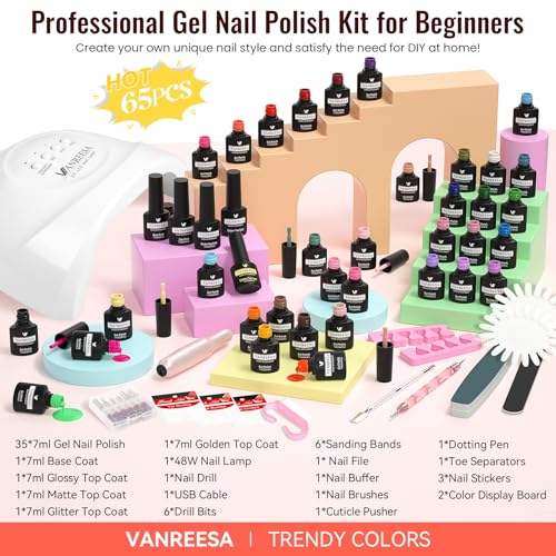 VANREESA Gel Nail Polish Kit with U V Light and Nail Drill Kit 65 Pcs Gel Polish Nail Set 35 All Season Colors Nail Polish Set Base Coat & 4 Effects Top Coat Complete Nail Kit Gifts for Women