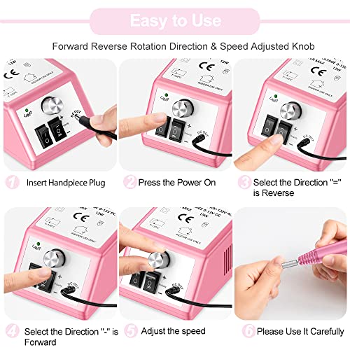 Professional Nail Drill Machine 20000 RPM Efile Electric Nail Filer Kit for Finger Toe Nails, Acrylic Gel Nails, Manicure Pedicure Drill with 6Pcs Nail Bits, 106Pcs Sanding Bands - Pink