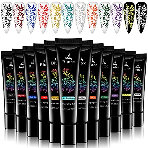 SEISSO Stamping Nail Polish Gels, 12 Colors Stamping Gels Black White Glitter Green/Silver/Golden for Nail Stamp Plate Stamper