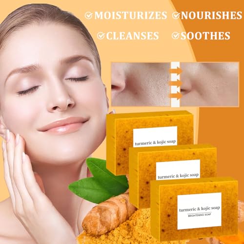 Turmeric Soap + African Net Sponge, Lemon Turmeric Kojic Soap Bar and Exfoliator Bath Sponge Set for Face and Body, Deep Cleansing Exfoliating Moisturizing Smooth Skin