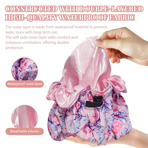 Luxury Shower Cap for Women Reusable Waterproof, Double Layered Shower Caps Bonnet with Adjustable Elastic Strap, Large Satin Lined Shower Bath Cap for All Hair Lengths-Ladies Gift Pink-Flower