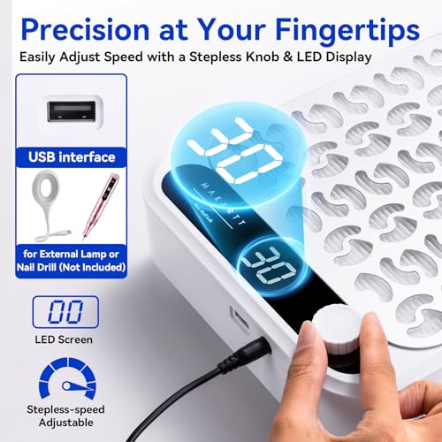 Makartt Nail Dust Collector - Professional Powerful Suction Larina Dust Cleaner with LED Display, Adjustable Speed, Reusable Filter, and Strainer Panel for Acrylic Nails Polishing Manicure Salon Home