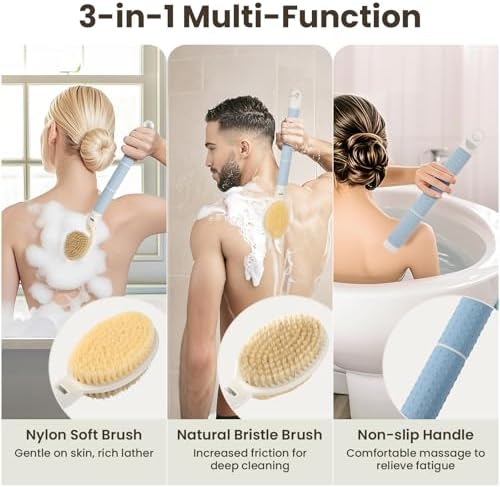 New Upgrade Back Scrubber for Shower, Adjustable 15.7'' to 24'' Long Handle Shower Brush for Body Yintuzi Double Sided Back Shower Scrubber Exfoliation and Massage Suitable for Wet or Dry Brushing