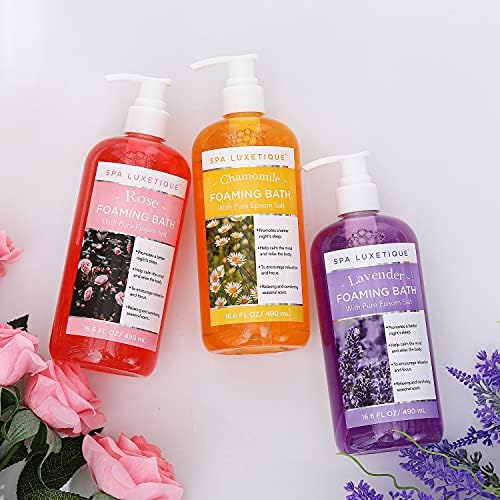 Spa Luxetique Bubble Bath, 3 X 16.9 fl oz Foaming Bath with Pure Epsom Salt, Chamomile, Rose and Lavender Scent Bathing Set, Christmas Gifts Set for Women and Men