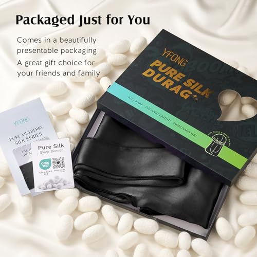 YFONG 100% 22 Momme Mulberry Silk Durags for Men Women, Extra Long Strap Silky Durag, Breathable and Soft Do Rag for 360 Waves, Perfect for Nourishing Your Hair and Fashionable Outfits, 1Pc, Black