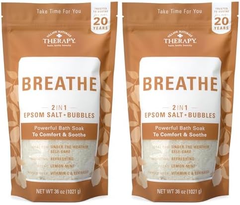Village Naturals Breathe Foaming Body Soak, Epsom Salt, Essential Oils, Soothing Bubbles, Sea Salt 36 oz, Pack of 2