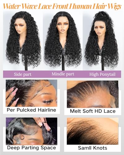 serwell 28 Inch Water Wave Lace Front Wigs Human Hair 13x6 HD Lace Front Wigs Human Hair 200% Density Wet and Wavy Lace Front Wigs Human Hair Glueless Deep Wave Lace Front Wigs Pre Plucked