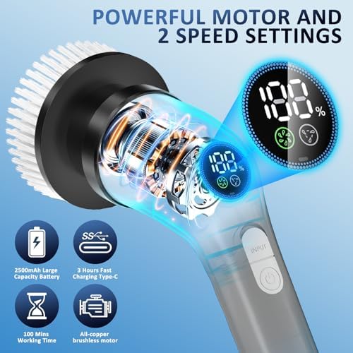 Electric Spin Scrubber, Full-Body IPX7 Waterproof Cordless Power Cleaning Brush with Adjustable Extension Handle, 2-Speed Shower Scrubber with 7 Replaceable Brush Heads for Bathroom, Kitchen, Grey