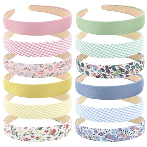 Wecoe 12pcs Headbands for Women Girls Summer Flower Floral Plain Checked Plaid Printed Headbands Hairbands Y2K Diy Costume Hair Accessories Women Girls Diademas Coreanas Para Mujer Gifts