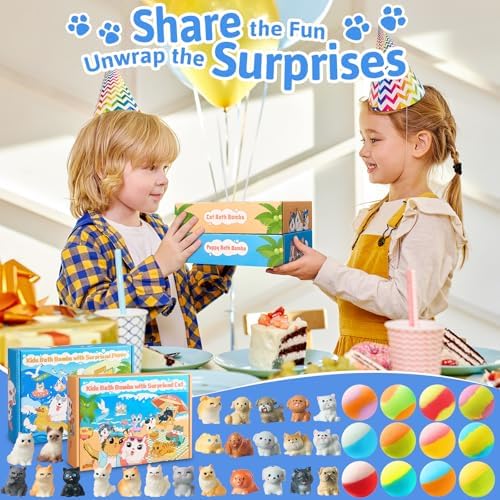 Bath Bombs for Kids with Surprise Inside, 24 Pack Kids BathBombs with Puppy & Cat Toys, Child-Safe Natural Bath Bombs with Toys Inside for Girls and Boys, Birthday Party Favors