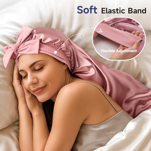 Umisleep 22 Momme Mulberry Silk Bonnet for Sleeping Women, Untangled Hair Care Bonnet, Extra Long for Curls & Braids - Lays Flat for Styling, Double Layer Hair Wrap with Soft Adjustable Tie, Pink