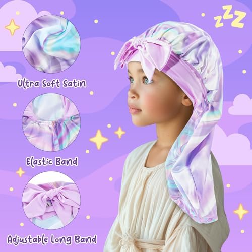 Lolalet Kids Bonnets for Girls, Long Silk Bonnet for Sleeping Kids Satin Bonnet Cap with Tie Band for Dreadlocks Braid Afro Curly Hair -1 PCS, Laser