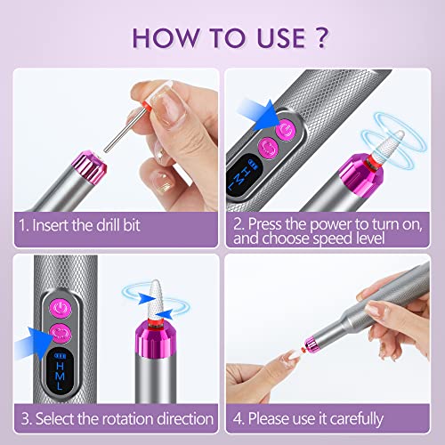 Nail Drill, Cordless Electric Nail Filer Professional E-File Nail Drill Kit for Acrylic, Gel Nails, Manicure Pedicure Polishing Shape Tools Design for Home Salon Use Gray