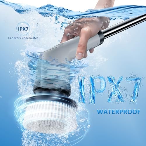 Electric Spin Scrubber, Full-Body IPX7 Waterproof Cordless Power Cleaning Brush with Adjustable Extension Handle, 2-Speed Shower Scrubber with 7 Replaceable Brush Heads for Bathroom, Kitchen, Grey