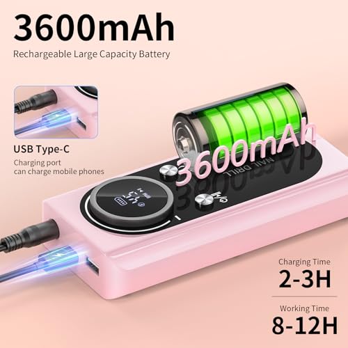 Electric Nail Drill Machine 45,000RPM - Professional Electric and Rechargeable Nail Drill with LCD Display, 6 Bits and 30 Sanding Bands, Low Heat Quiet E-File for Acrylic Gel Nails (Pink-01)