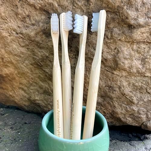 Natural Bristle Toothbrush [4-Pack], Ultra Soft Castor Bean Bristles, 100% Biodegradable, Plant Based Bristles and Bamboo Handle