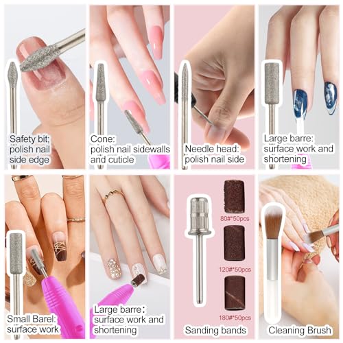 Professional Electric Nail Drill Machine Nails File Kit Manicure Pedicure Set for Acrylic Nail Gel Dip Powder Art Shape Remover Tool Polisher Grinder Low Noise with 156pcs Sanding Bands