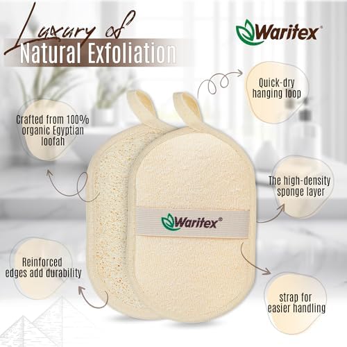 Egyptian Loofah Exfoliating Body Scrubber with Hand Strap, Oval Shower Pads Made from Natural Egyptian Loofah Fibers, Gentle Cleansing for Face and Body, for Men and Women 2 Count (1 Pack)