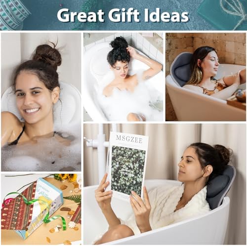 Luxury Bath Pillows for Tub – Extra Thick Non-Slip Bathtub Pillow with Rubber Back, Head & Neck Support for Soaking, Spa Bath Accessories, for Women, Fits All Bathtubs (Gray)