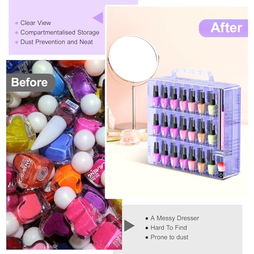 Beloving Nail Polish Organizer Case for 48 Bottles Nail Polish Holder with Adjustable Divider, Gel Nail Polish Storage Double Side Organizer Case for Storage Display, Purple
