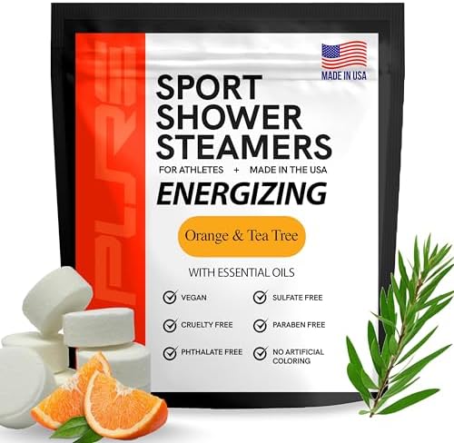 Pure Energizing Sport Shower Steamers - Natural Orange and Tea Tree Essential Oils, Made in USA, Energy Boost for Athletes, Best Relaxing Birthday Gift Set for Stress Relief, Recovery and Self Care