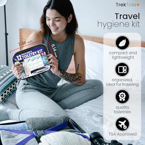Trektote Travel Toiletry Kit For Men – (50 Pack) 12 Piece Set Of Travel Size Toiletries, TSA Compliant, Travel Essentials, Includes Shampoo And Conditioner, Body Wash, Toiletry Bag & More