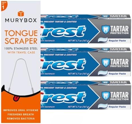 Tartar Protection Regular Paste, 5.7 oz (Pack of 3). Helps Control Tartar and Prevent Cavities | Cavity Protection Toothpaste + Tongue Cleaner MB with Travel Case