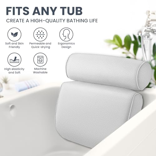 LuxStep Bath Pillow Bathtub Pillow with 6 Non-Slip Suction Cups for Head,Neck and Back Support, Extra Thick and Soft Air Mesh Spa Pillow for Bath - Fits All Bathtub, 15.35x14.56 Inch, White