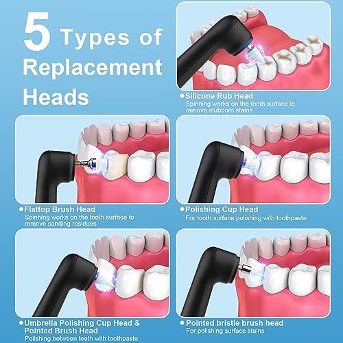 Tooth Polisher - SIQUER Plaque Remover for Teeth Whitening Dental Tools Electric Tartar Polishing Teeth Cleaning Kit with LED Light 5 Speed Modes with 5 Replacement Brush Heads (Black)