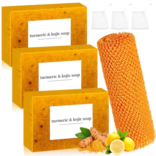 Turmeric Soap + African Net Sponge, Lemon Turmeric Kojic Soap Bar and Exfoliator Bath Sponge Set for Face and Body, Deep Cleansing Exfoliating Moisturizing Smooth Skin