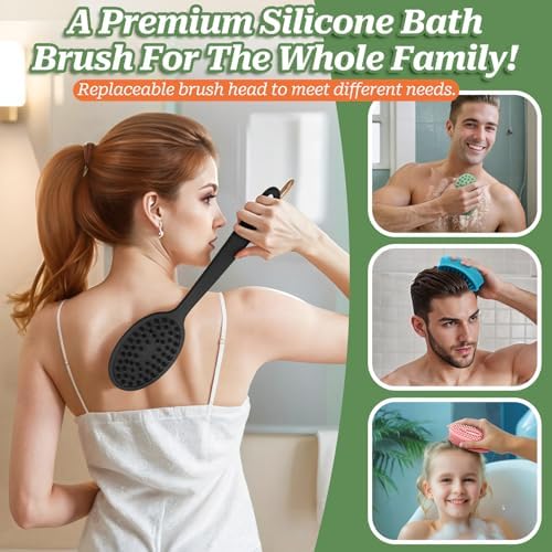 Silicone Face & Back Scrubber Set, Manual Face & Body Scrubber Exfoliator with Soft Bristles and Non-Slip Handle, Back Brush Bath Brush with 2 Detachable Brush Heads(3PCS Black Set)