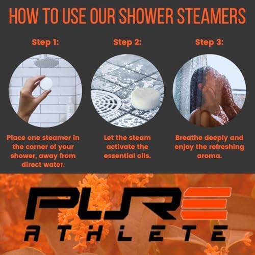 Pure Energizing Sport Shower Steamers - Natural Orange and Tea Tree Essential Oils, Made in USA, Energy Boost for Athletes, Best Relaxing Birthday Gift Set for Stress Relief, Recovery and Self Care