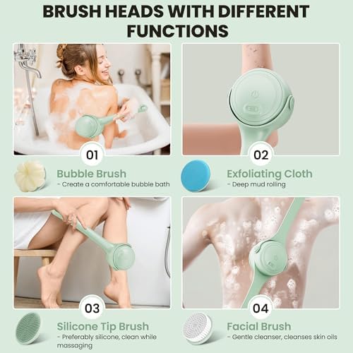 Electric Body Brush Back Scrubber for Shower – Waterproof Dual-Speed Bath Brush Long Handle with 4 Heads, Rechargeable Silicone Body Scrubber for Cleansing, Exfoliating and Massaging Skin Green