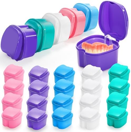 ZENFUN 20 Packs Denture Cases Dental Box For Artificial Teeth Denture Retainer Case Bulk Denture Holder with Strainer Basket Denture Soaking Container False Teeth Storage Box, Individually Sealed