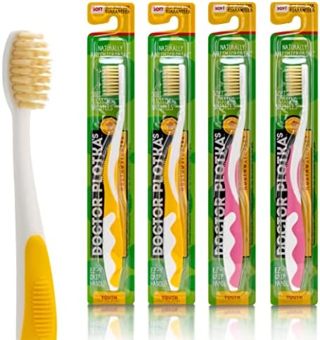 MOUTHWATCHERS Soft Childrens Flossing Manual Toothbrush, Value Pack of 4, Yellow and Pink, Toothbrushes for Kids & Teens, Ultra Clean, by Dr. Plotka's