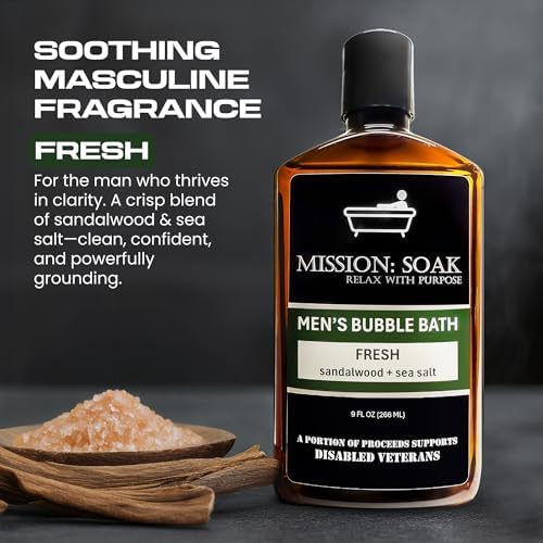 Men’s Luxury Bubble Bath – Sandalwood & Sea Salt Scent | Muscle Recovery, Stress Relief & Skin Hydration | Full-Body Soak with Aloe Vera | 9 fl oz | Supports Disabled Veterans with Every Purchase