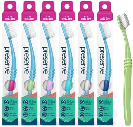 Preserve Eco Friendly Adult Toothbrushes, Made in The USA from Recycled Plastic, Ultra Soft Bristles, Paperboard Package, Colors Vary, 6 Count