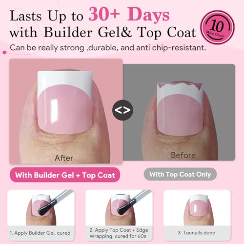Press On Toenails for Women French Tips, Sharp Square Pre-applied Primer & Base Coat Toe Nail Press Ons Baby Pink Full Cover Fake Tips Extension 15 Sizes 270 Pcs, Builder Nail Gel & Top Coat Required