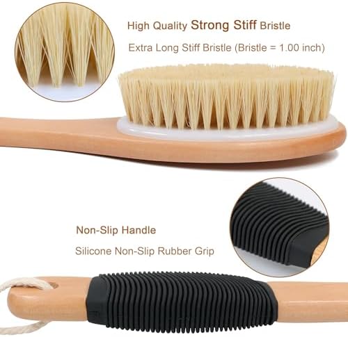 OWIIZI Back Scrubber Brush for Shower, Long Stiff Bristle Body Bath Brushes, Wooden Curved Long Handle Skin Exfoliator for Men Women Wet or Dry Use