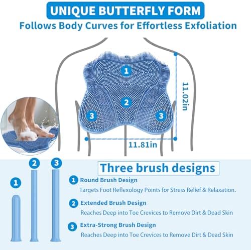 XXL Large Foot Scrubber Mat & Silicone Back Scrubber with Butterfly Form Design,3 Brush Designs for Deep Cleaning Shower Foot Scrubber Mat, Wall Mounted Back Scrubber Silicone Bath(Blue)