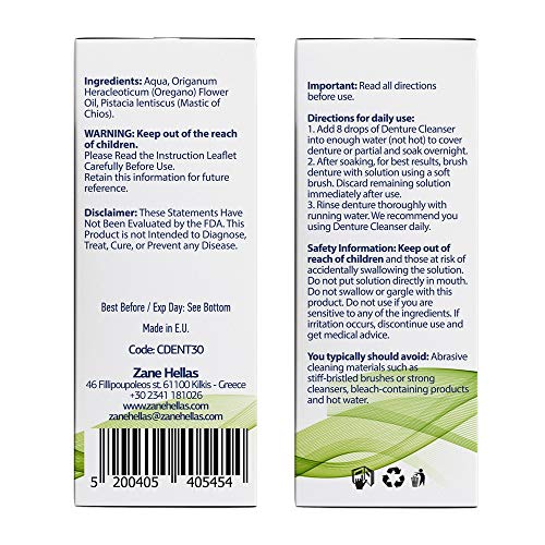 Zane Hellas Denture Cleaner. Oregano Oil Power. Ideal for Dentures, Retainers, Braces, Mouth Guards. Helps Remove Plaque, Tartar, Stains and Bad Odor. 100% Herbal Solution. 1 fl.oz.-30ml.