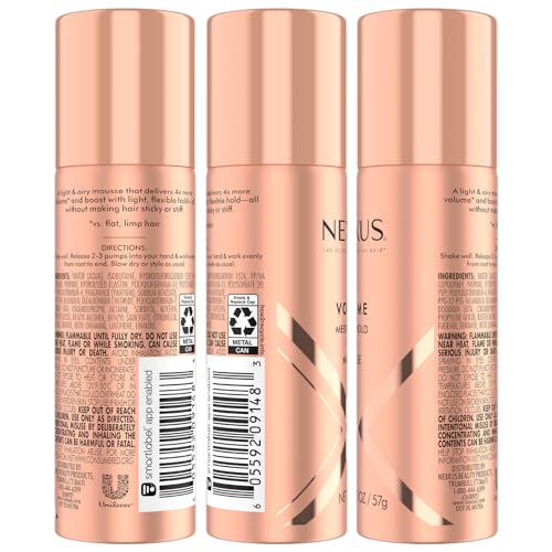 Nexxus Travel Hairspray and Mousse Bundle – Comb Thru Flexible Hold Hairspray (1.5 Oz) 2-Pack + Volume Medium Hold Mousse (2 Oz) 2-Pack, Anti-Humidity, Frizz Control, Rose Fragrance