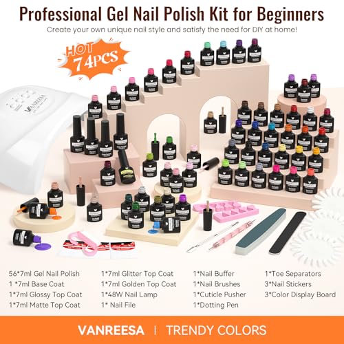 VANREESA Gel Nail Polish Kit with U V Light 74 Pcs Gel Polish Nail Set 56 All Season Colors Nail Polish Set + Base and 4 Effects Top Coat with Manicure Tools Complete Nail Kit Gifts for Women