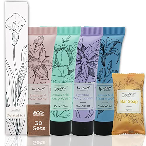 TravelWell Hotel Travel Size, Bulk Amenities and Toiletries for Hospitality, 180 Items, Individually Wrapped, 30 pieces each of Travel Shampoo, Conditioner, Soap Bars, Lotion, Body Wash, Dental Kit